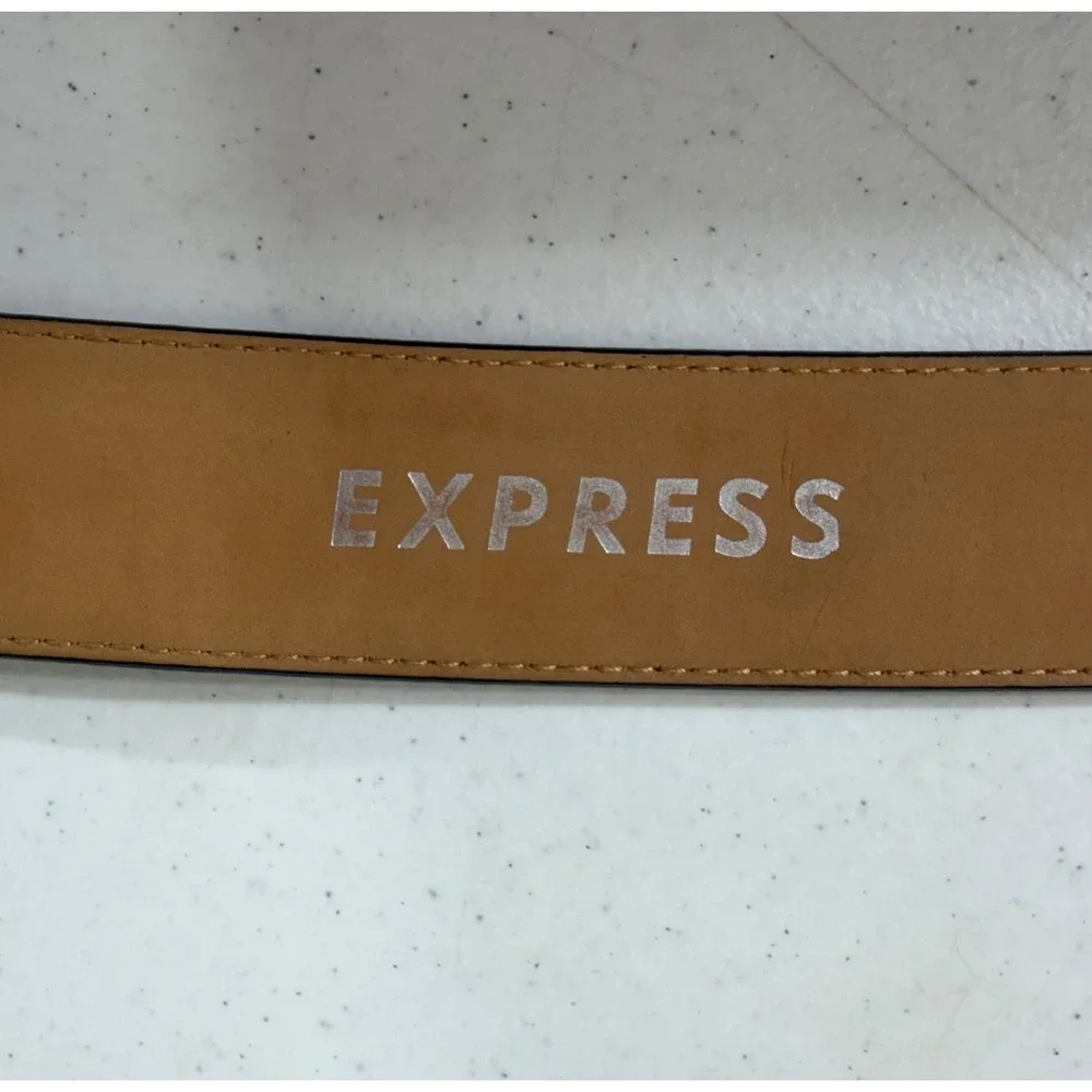 Express Leather Belt Small Black Grommet Silver Buckle Contrast Stitch Y2K Goth